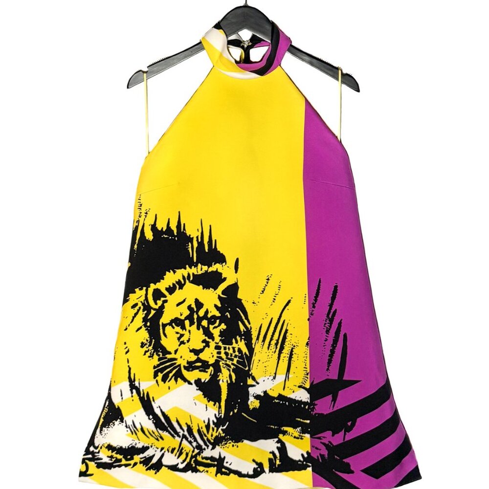 Christian Dior SS22 Runway Yellow Fuchsia Lion Print Halter Mini Dress